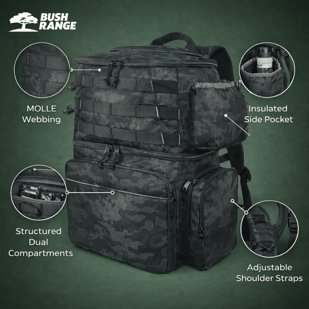 Fishing Backpack with Cooler Compartment and Rod Holder | Multi - Pocket Outdoor Gear Storage - Bush Range