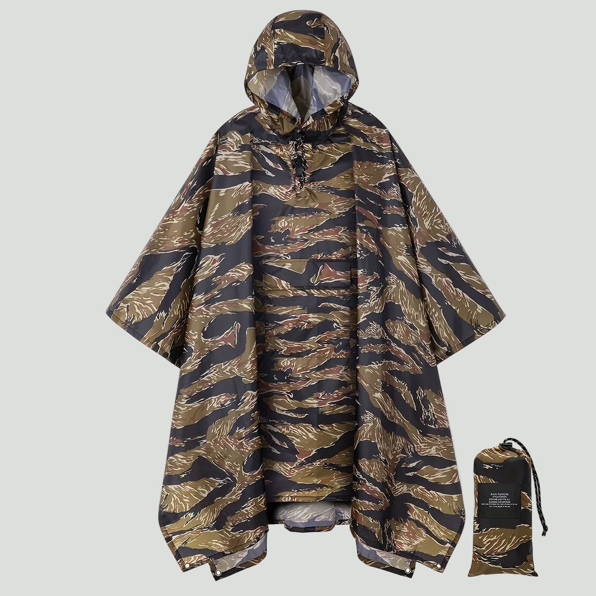 Hooded Camouflage Rain Poncho – Water - Resistant Outdoor Windbreaker - Bush Range