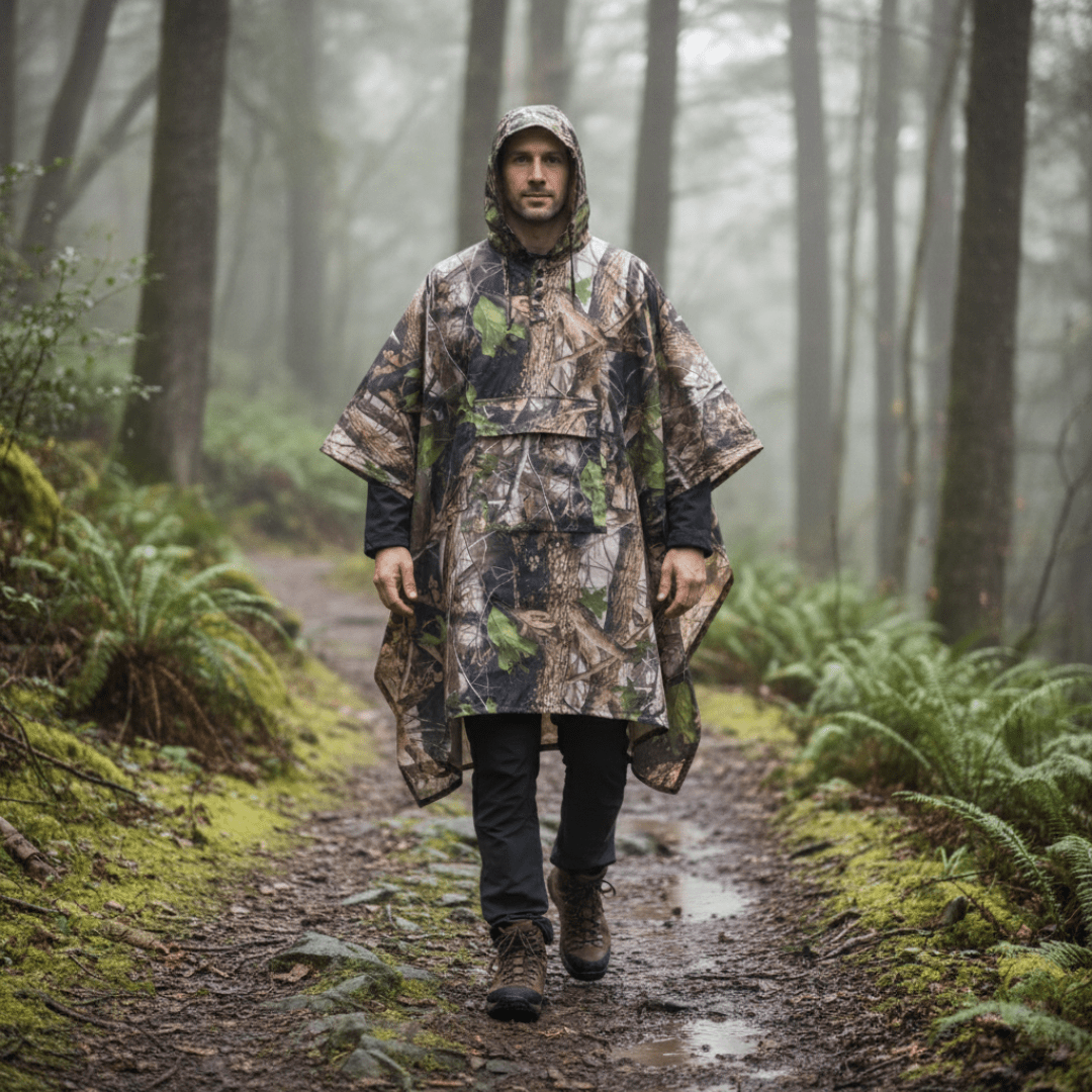 Hooded Camouflage Rain Poncho – Water - Resistant Outdoor Windbreaker - Bush Range