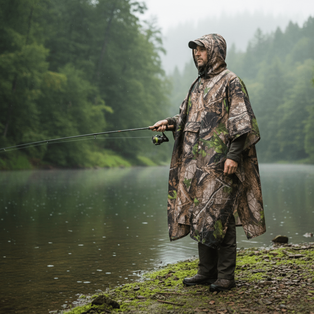 Hooded Camouflage Rain Poncho – Water - Resistant Outdoor Windbreaker - Bush Range