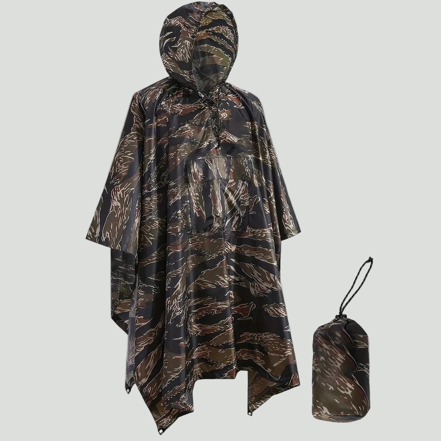 Hooded Camouflage Rain Poncho – Water - Resistant Outdoor Windbreaker - Bush Range