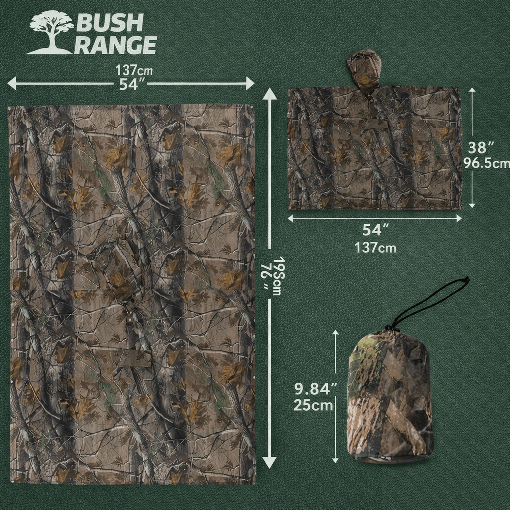 Hooded Camouflage Rain Poncho – Water - Resistant Outdoor Windbreaker - Bush Range