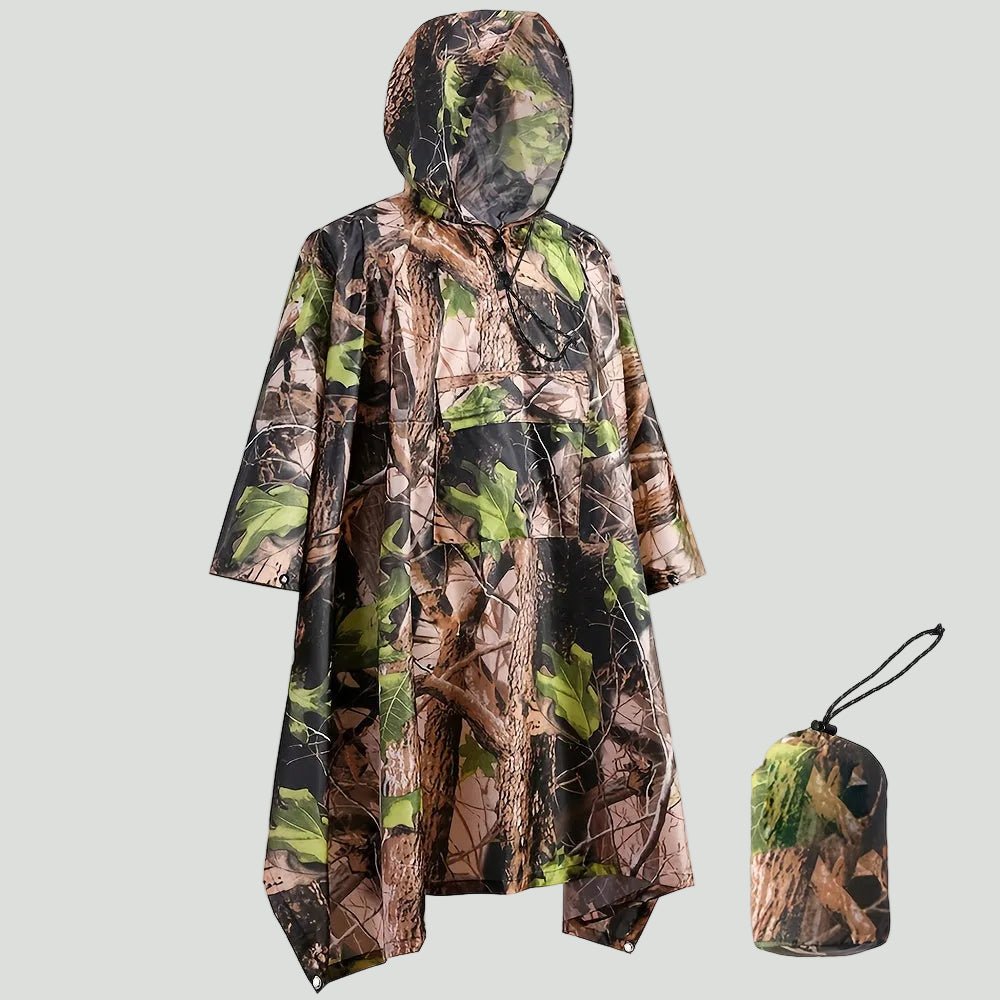 Hooded Camouflage Rain Poncho – Water - Resistant Outdoor Windbreaker - Bush Range