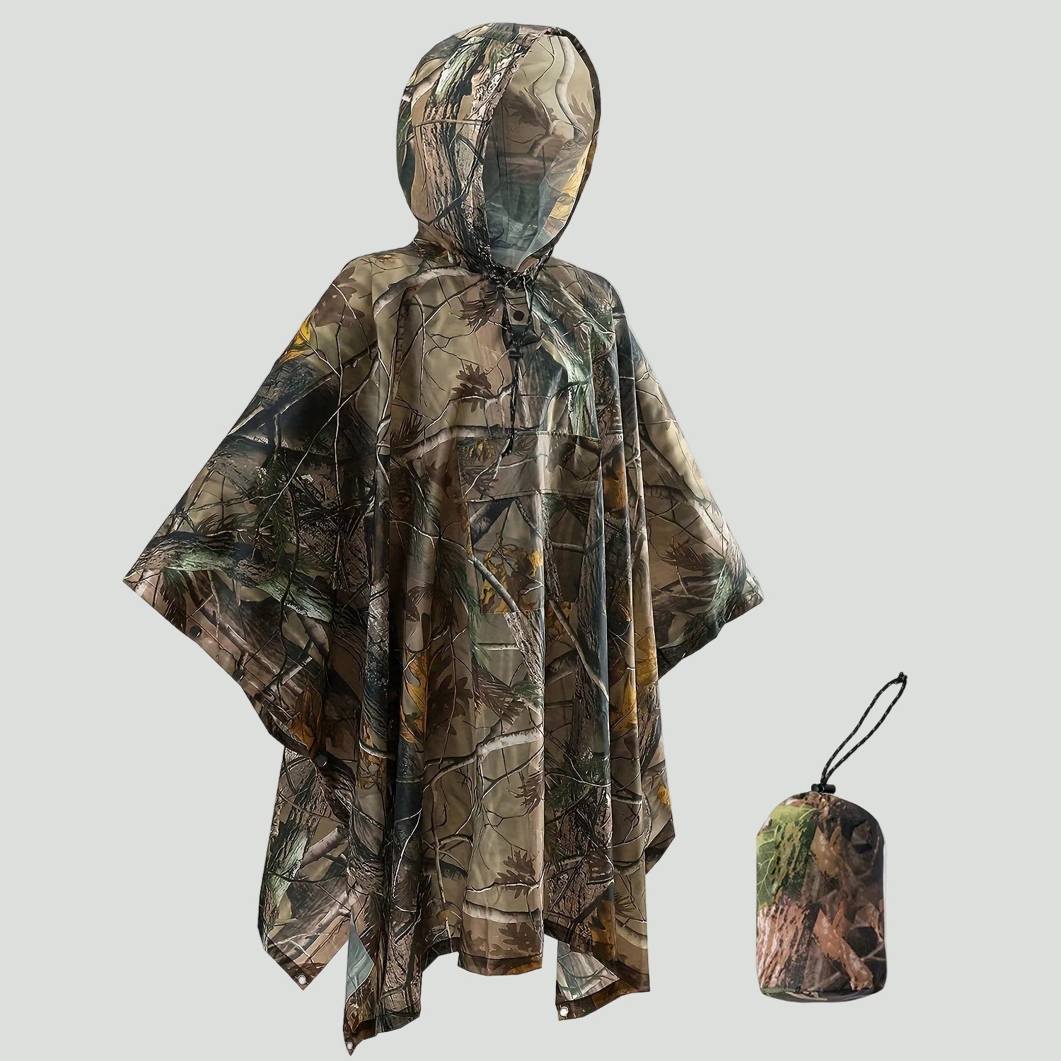 Hooded Camouflage Rain Poncho – Water - Resistant Outdoor Windbreaker - Bush Range