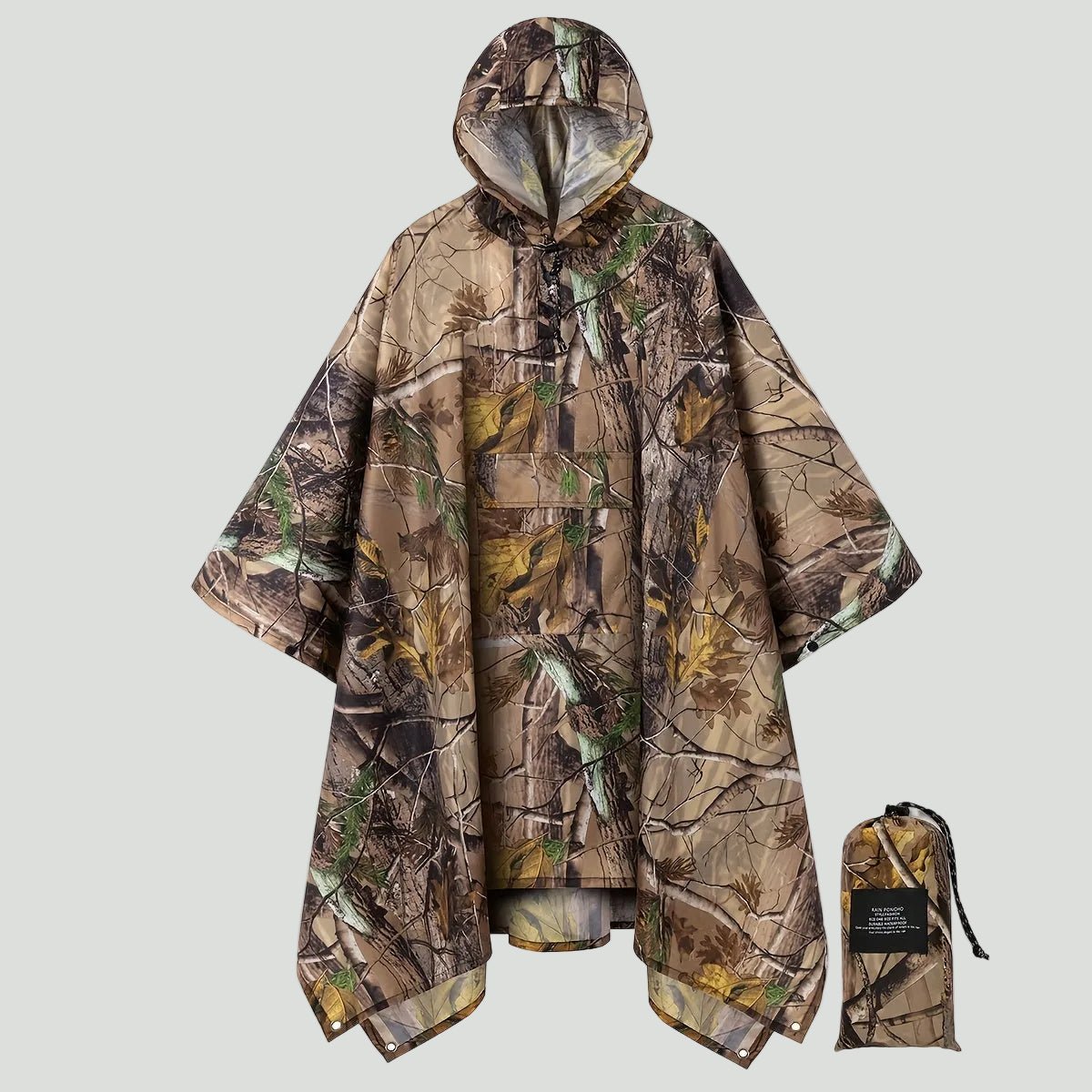 Hooded Camouflage Rain Poncho – Water - Resistant Outdoor Windbreaker - Bush Range