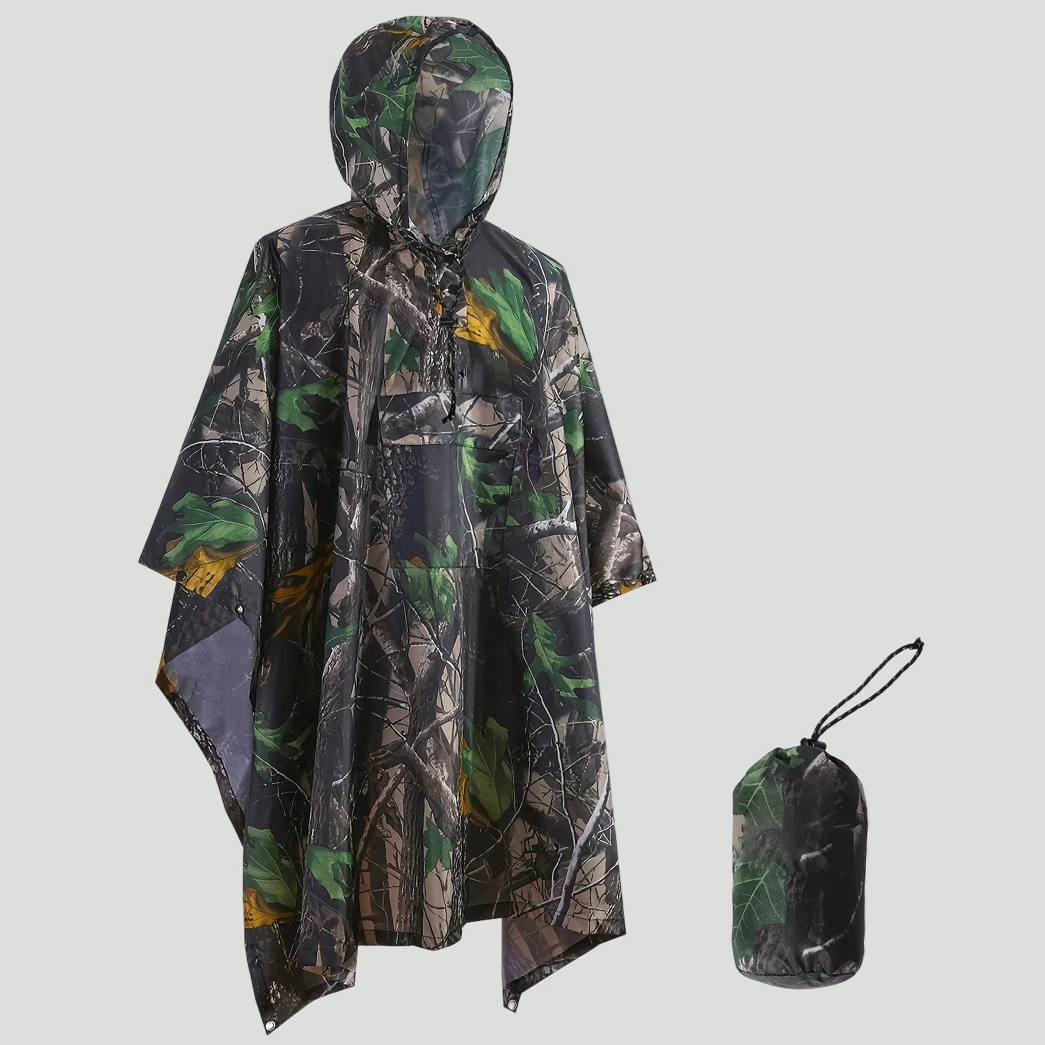 Hooded Camouflage Rain Poncho – Water - Resistant Outdoor Windbreaker - Bush Range