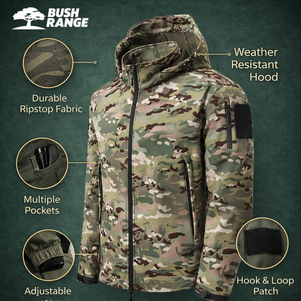 Men’s Camouflage Softshell Jacket – Hooded Outdoor Layer for Cold Weather Use - Bush Range