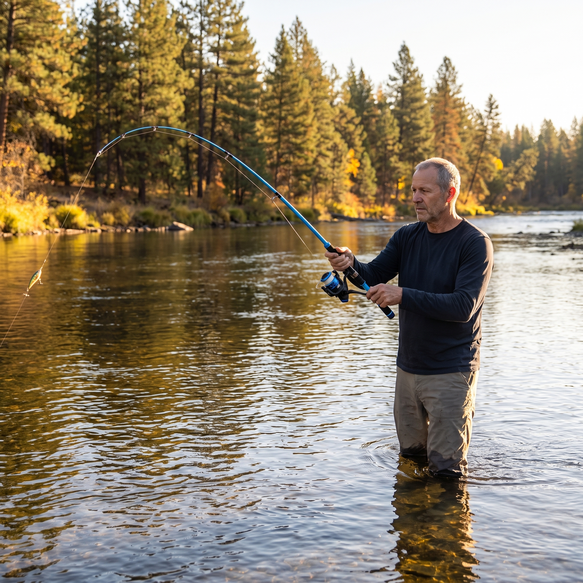 Angler casting the telescopic rod at the edge of a river