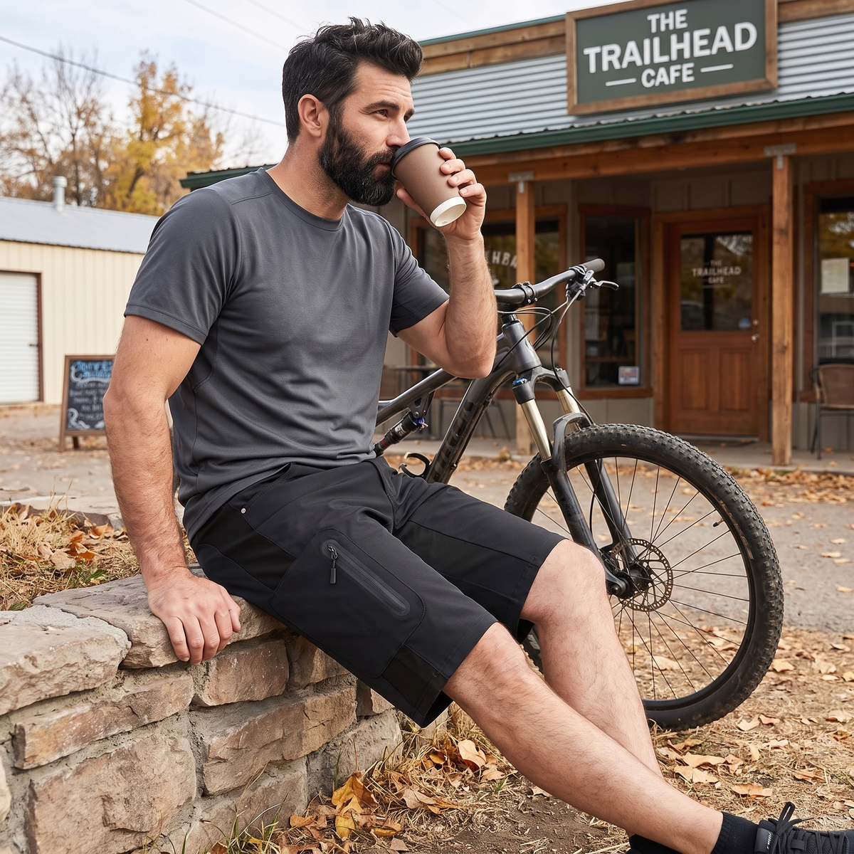 SUPERSEDED - Sitting outside a cafe with a bike, wearing the cargo shorts