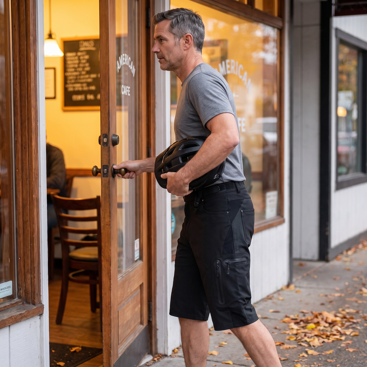 SUPERSEDED - Walking into a cafe after a ride in the cargo shorts